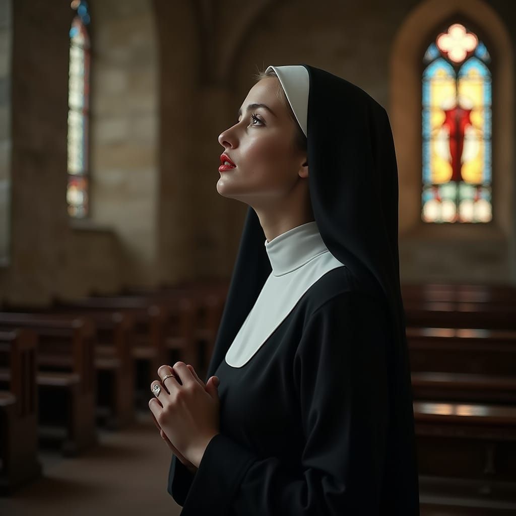 Serene Nun in Contemplative Prayer in High-Contrast Black an...