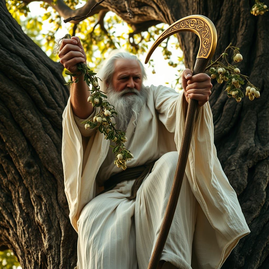 Druid Cuts Mistletoe in Golden Mystical Light