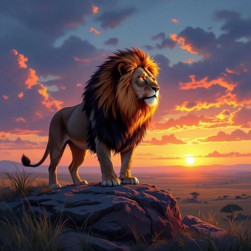 Fiery Lion Overlooking Savannah Sunset in Hyperrealism