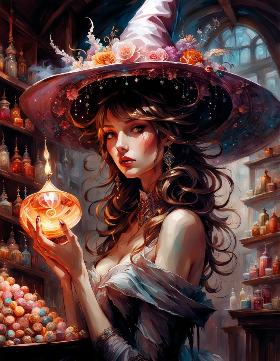 Cute Candy Witch in Chocolate Shop, Gritty Fantasy