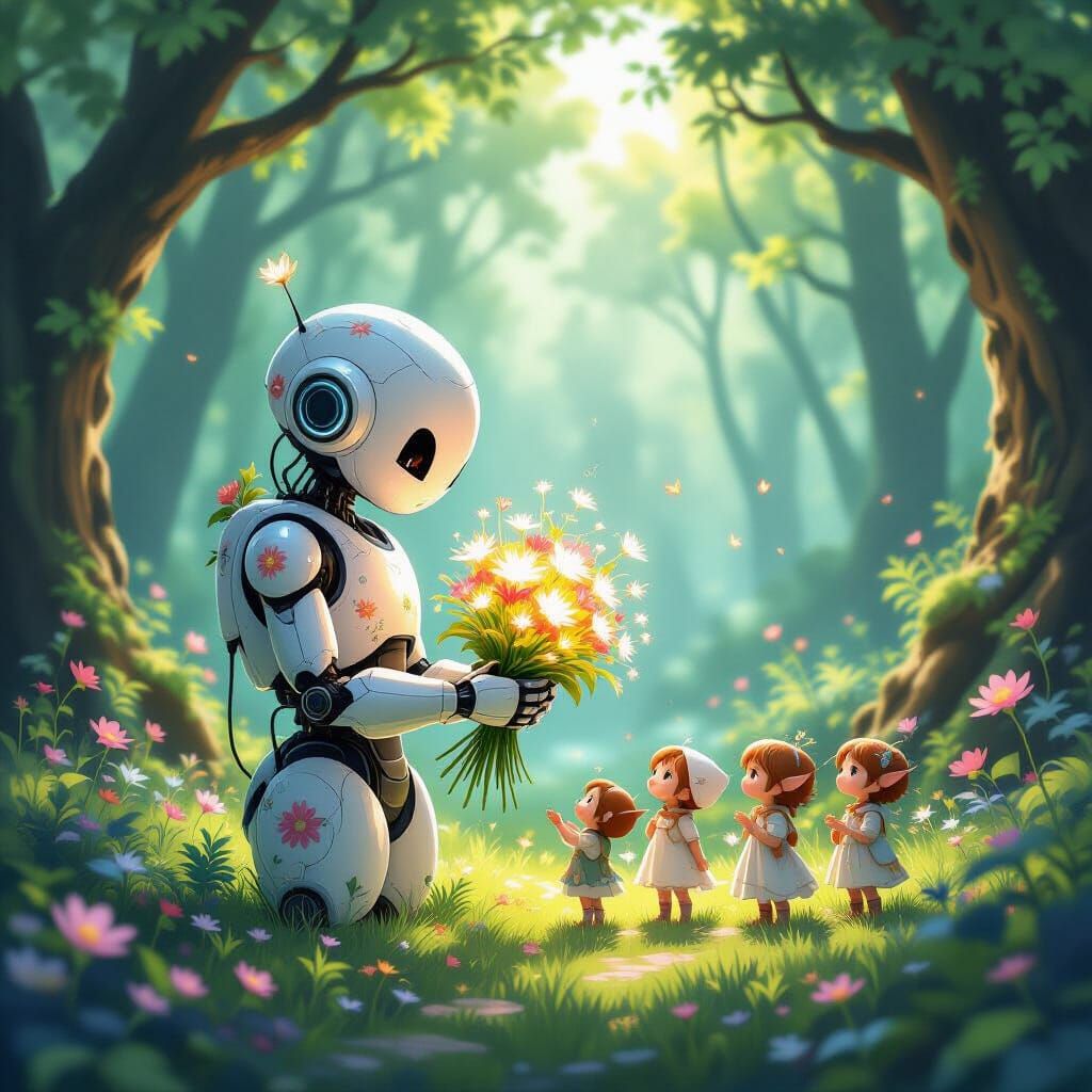 Ethereal Robot Offers Glowing Flowers to Forest Sprites