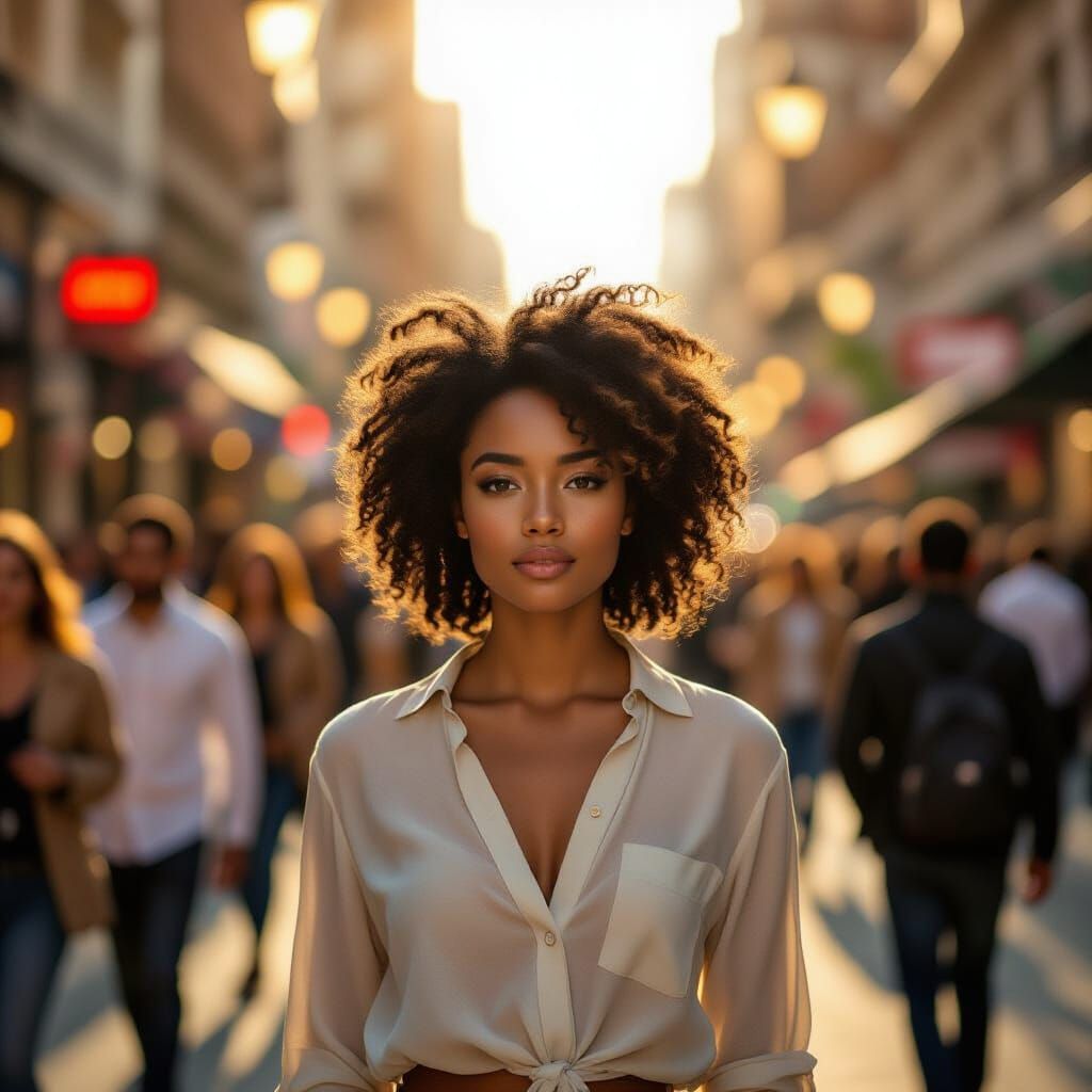 Confident Woman in Blurred Urban Street Amidst Golden Light