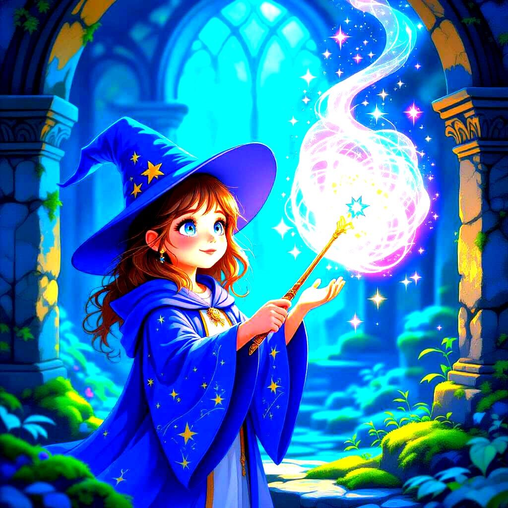 Adorable Female Wizard Conjuring Magic in Ancient Ruins