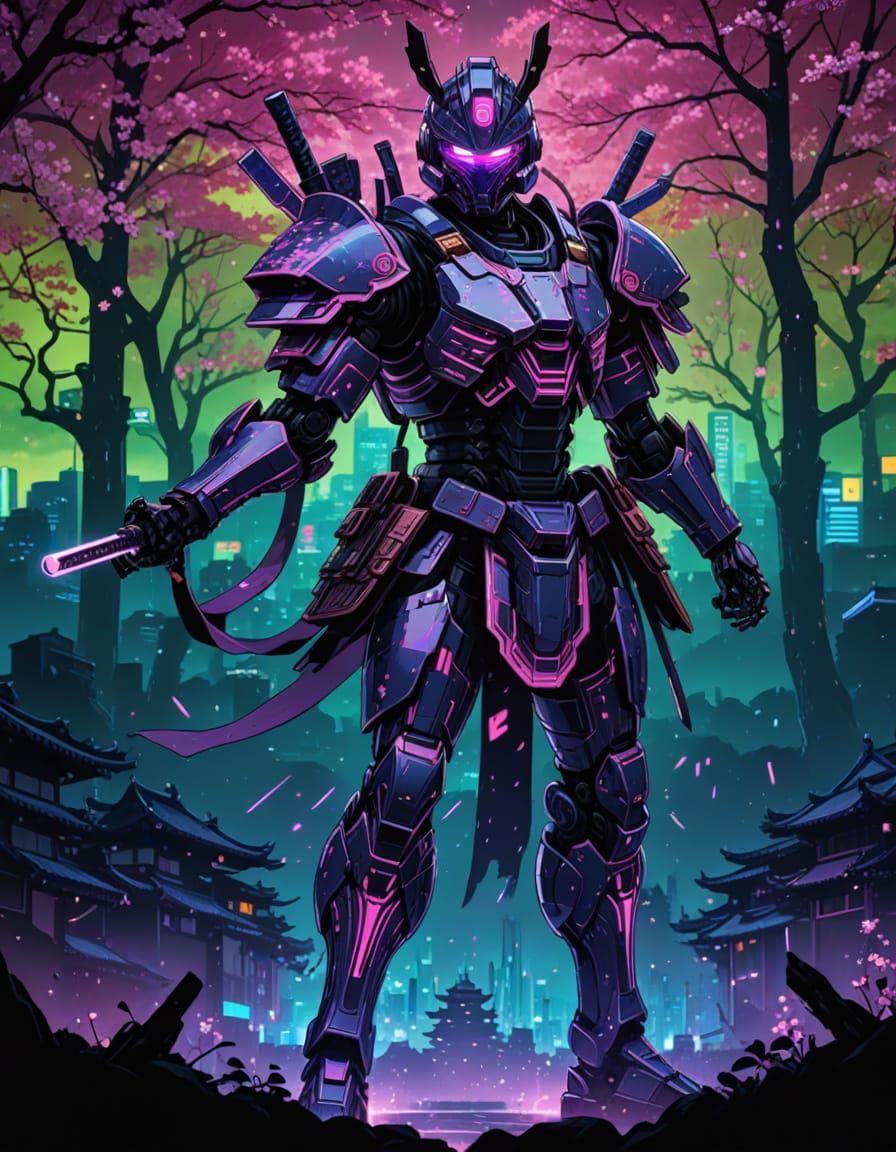 Epic Cyberpunk Samurai Mecha Anime Art in Neonlit Cityscape