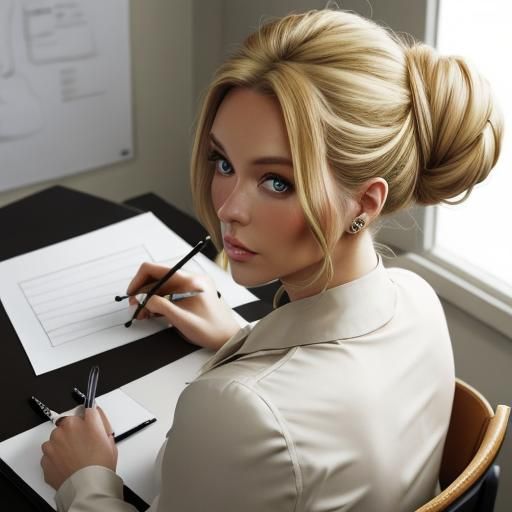Girl Drawing at Desk with Hair in Bun