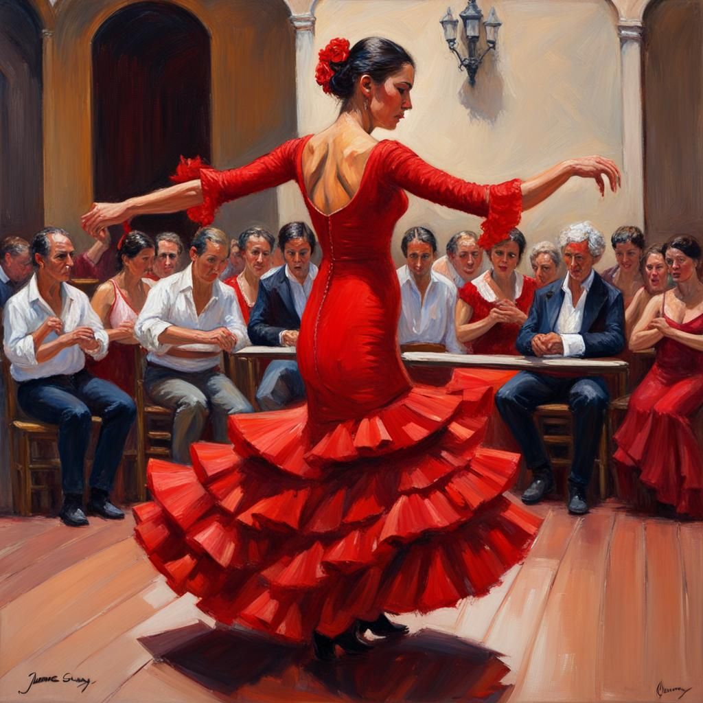 Flamenco Dancer in Red Dress: Oil Painting