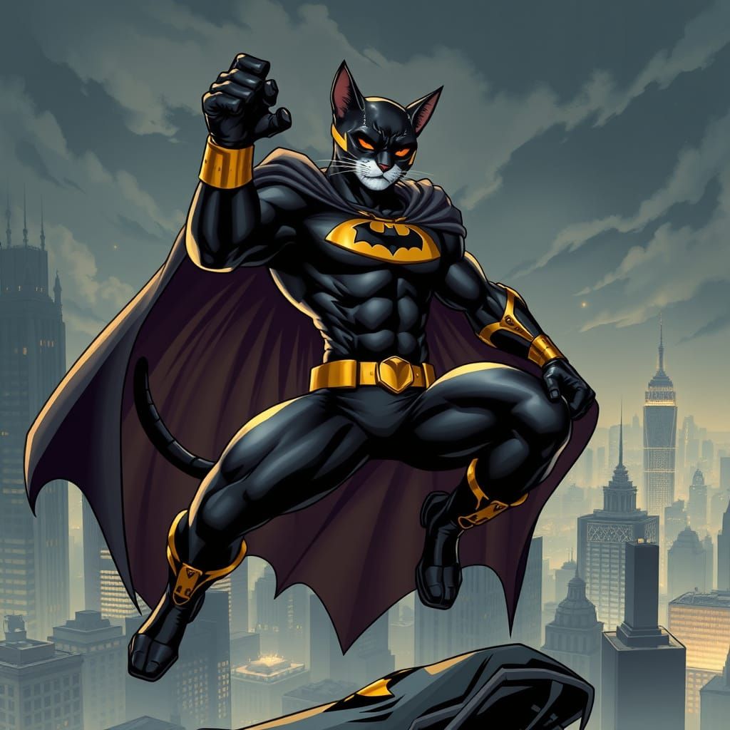 Majestic Feline Superhero in Cyberpunk Gotham