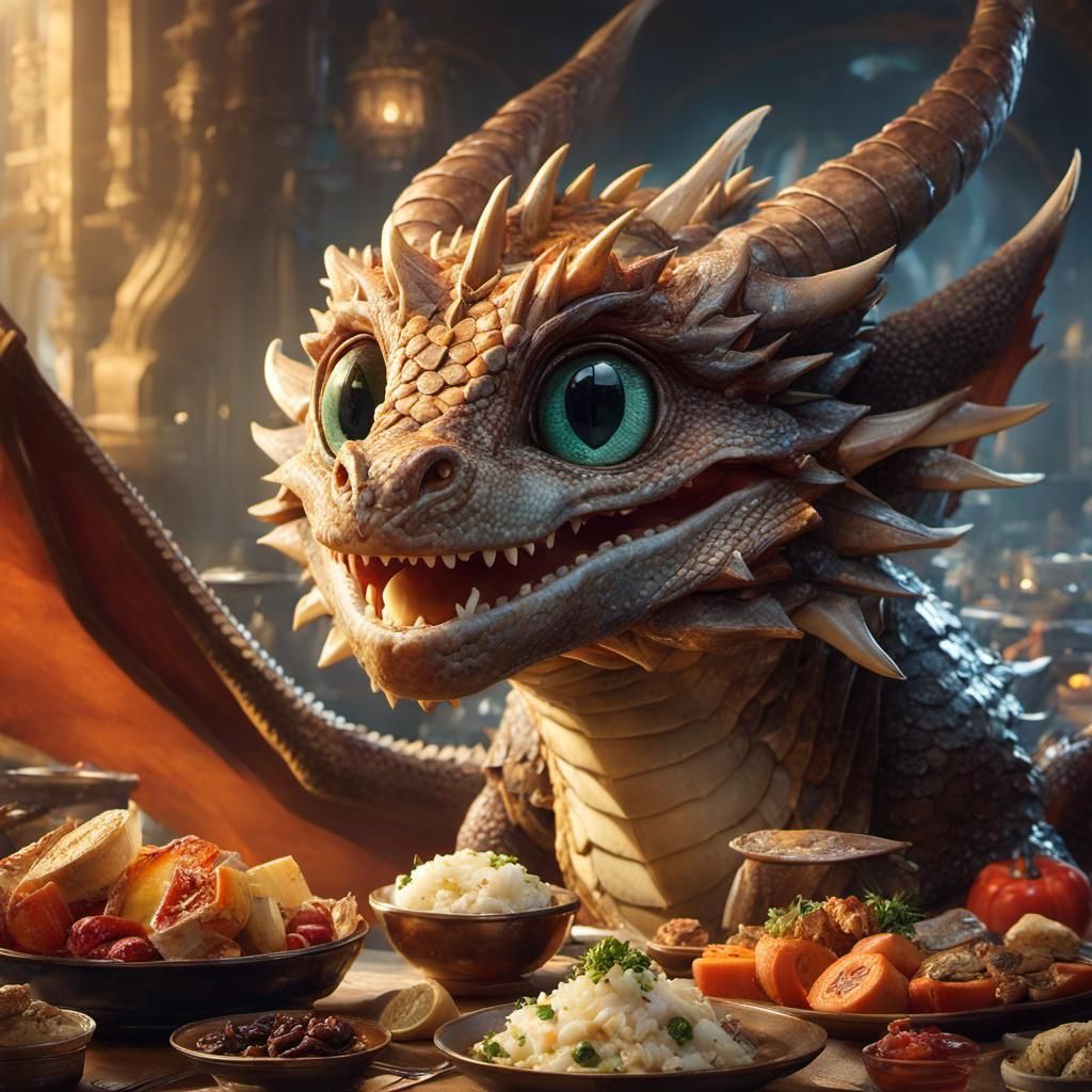 Adorable Dragon at Dinner Table, Anime Style