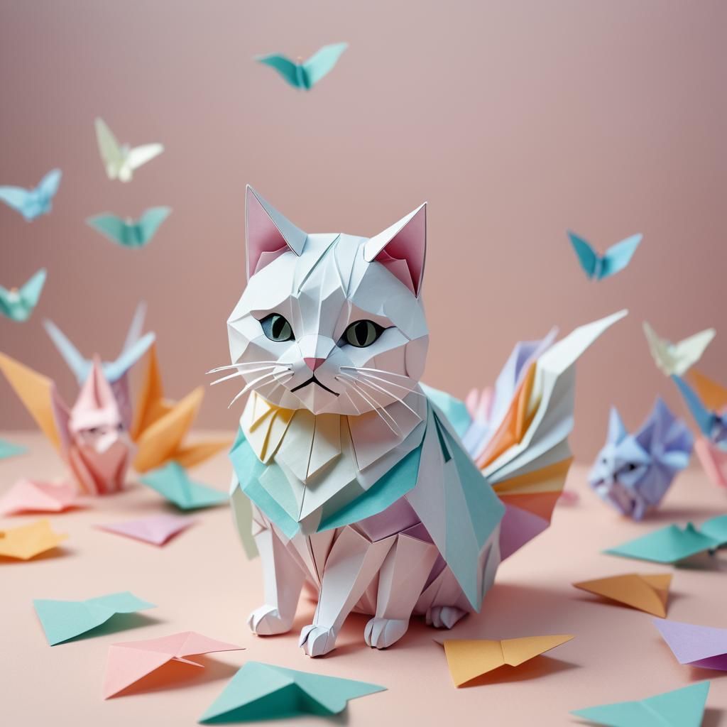 Cute Origami Ghost Cat in Papercraft Style