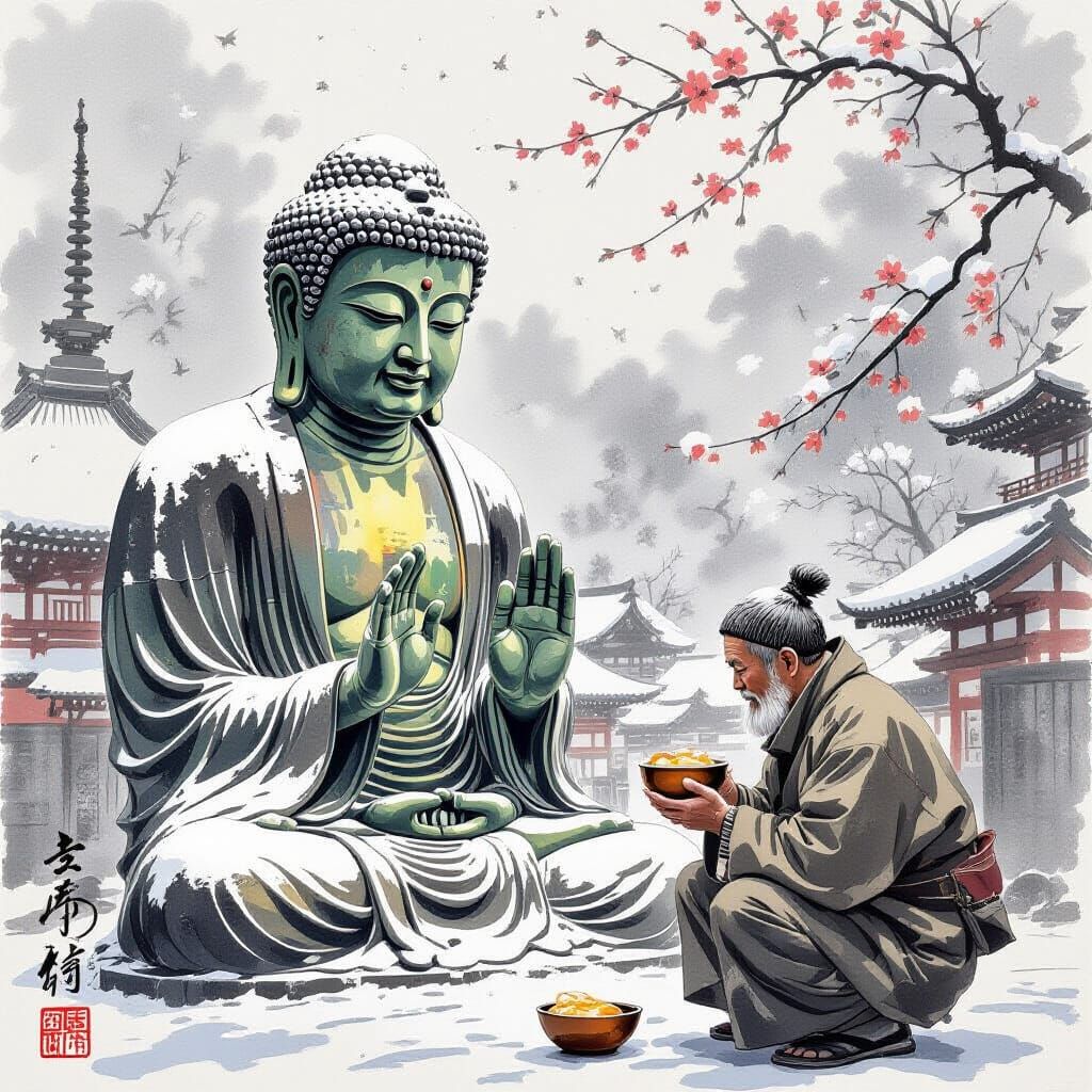 Compassionate Buddha Shares Bread: Japanese Inksplash Art