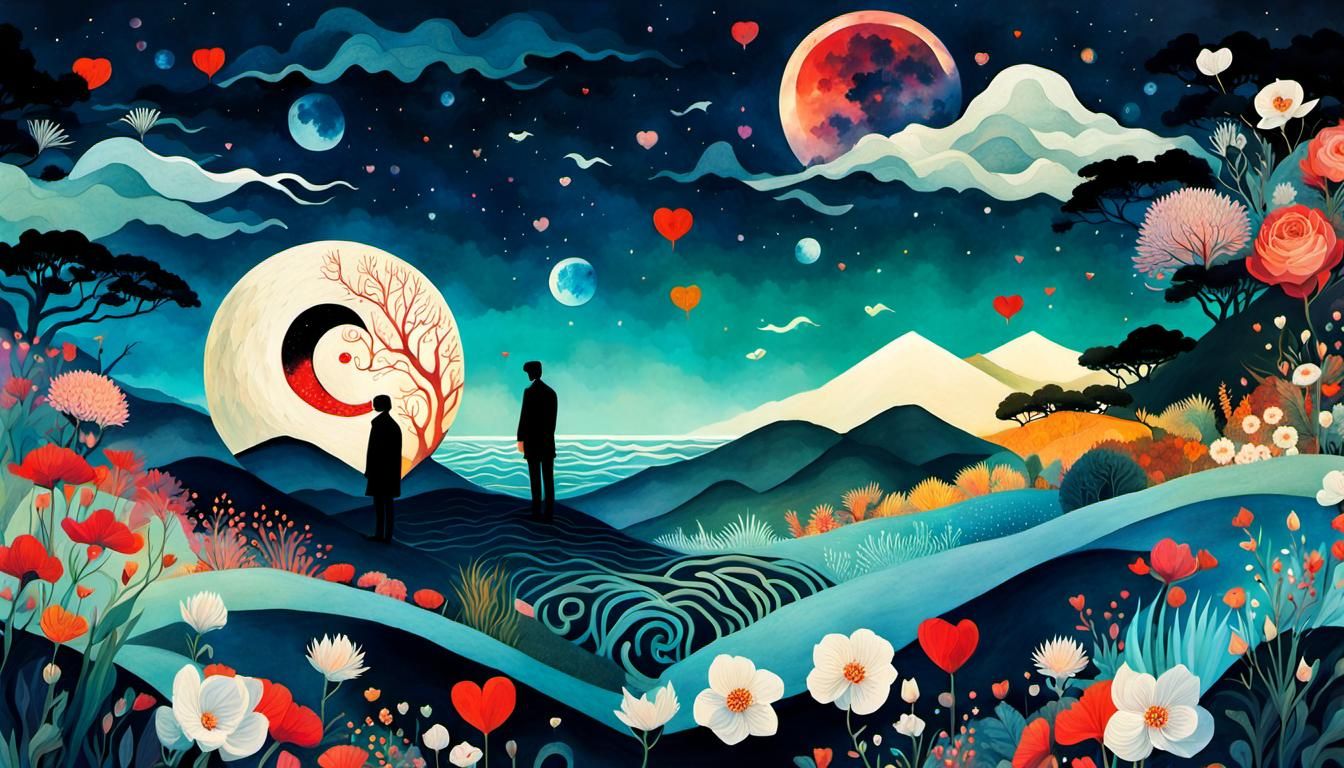 Surreal Yin Yang Dreamscape in Anime Style