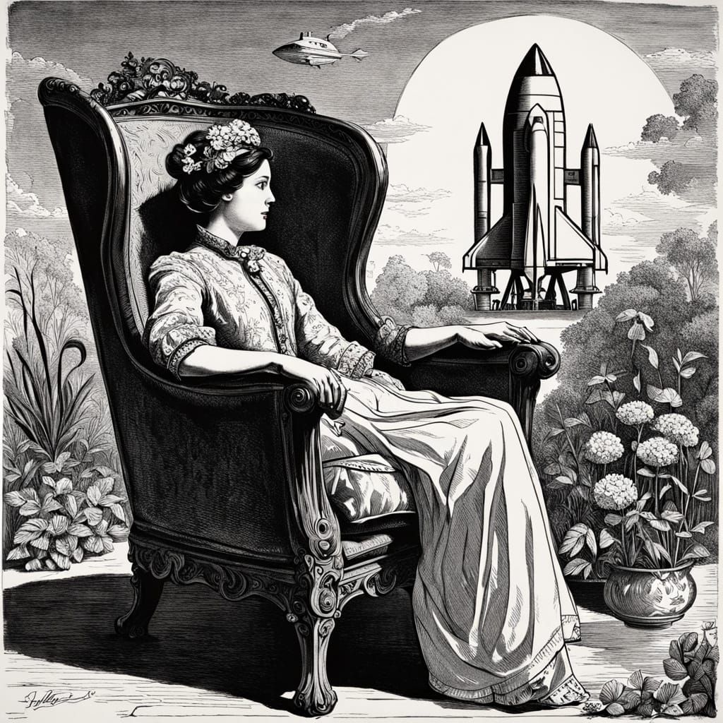 Whimsical Surrealist Oil Painting of a Woman in a Garden