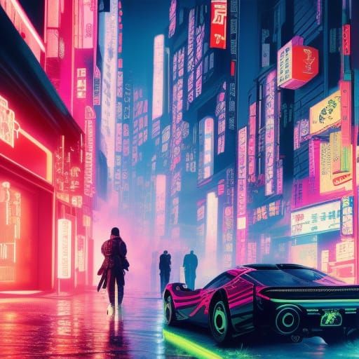 Cyberpunk Kyoto Street Scene in Neon Style