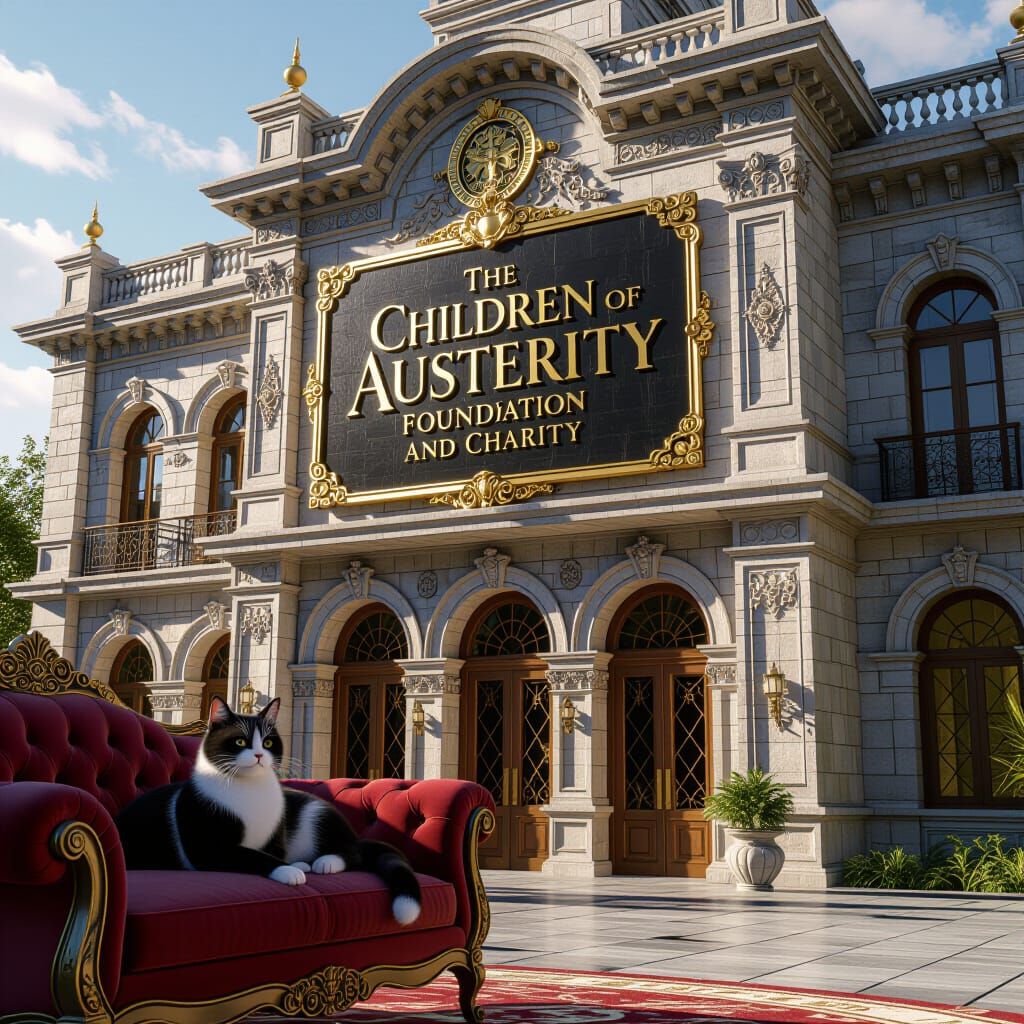 Majestic Building with Austerity Foundation Sign and Cat