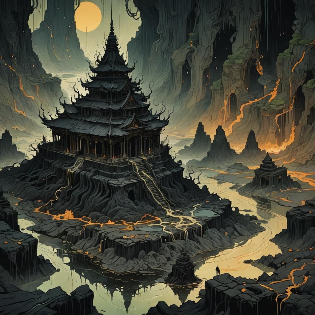 Ominous Sludge Consumes Ancient Temple in Dark Surrealism