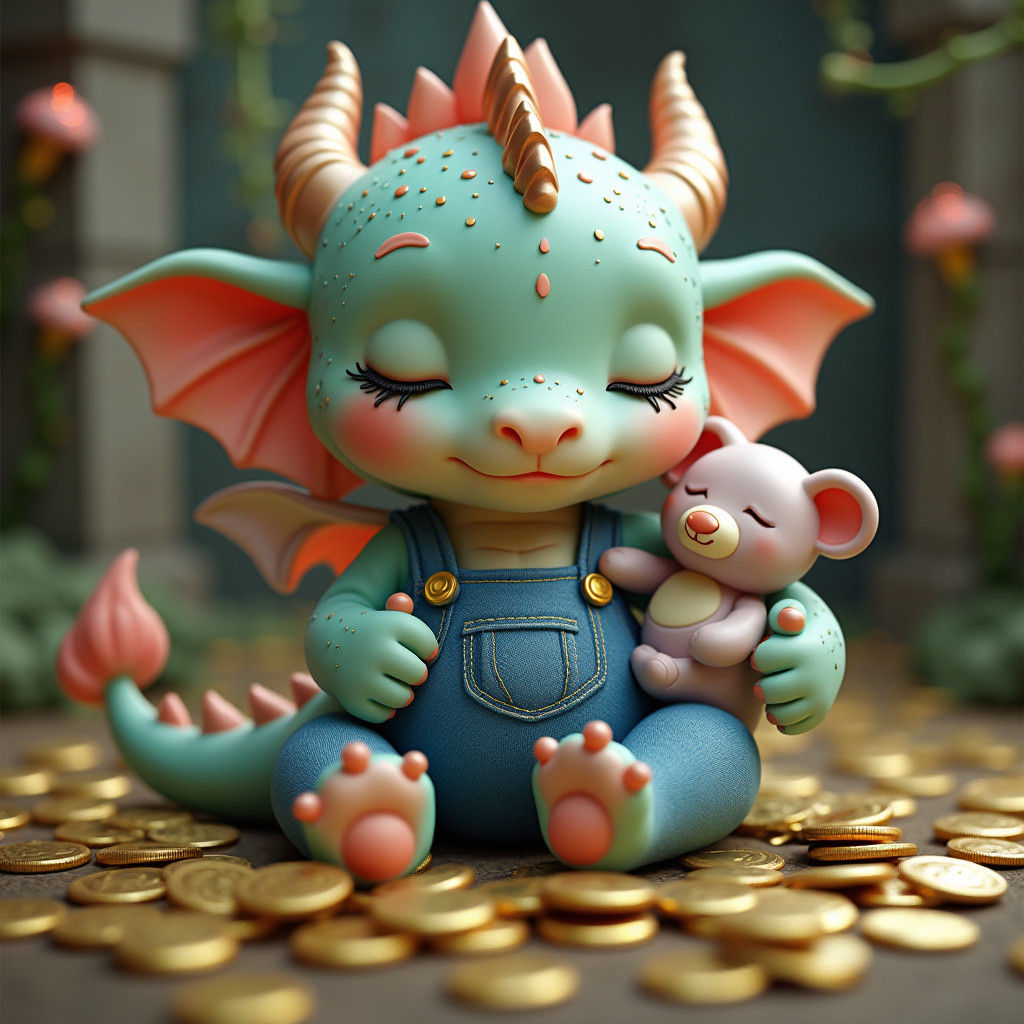 Chubby Baby Dragon Napping on Golden Coins