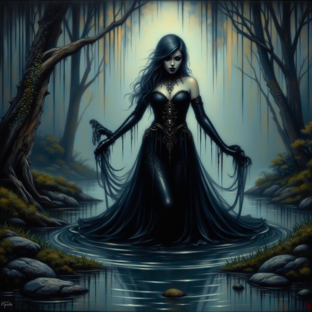 Gothic Lady Emerges from Misty Lake