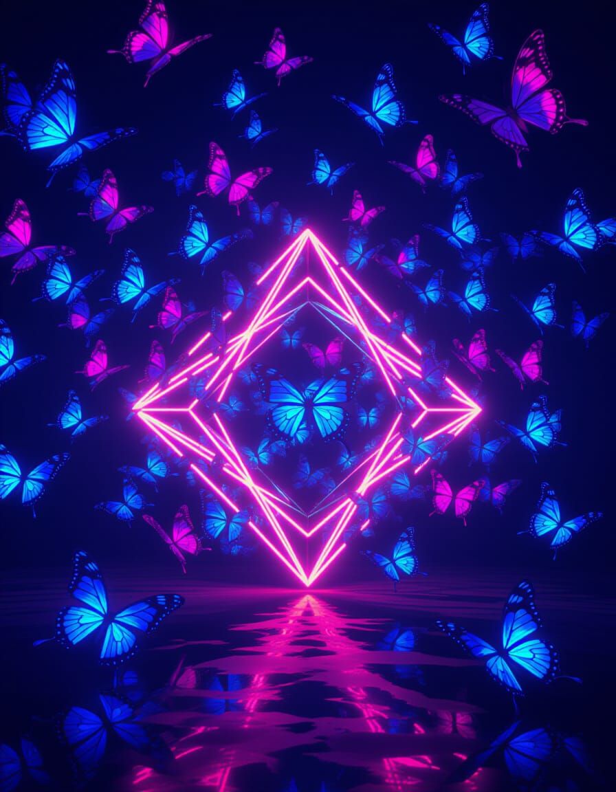 Luminescent Butterflies Swarm Around Glowing Geometric Shape