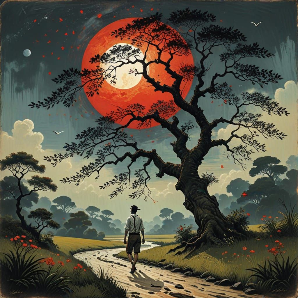 Naive Baroque Masterpiece: A Wiry Man Beside an Ancient Tree