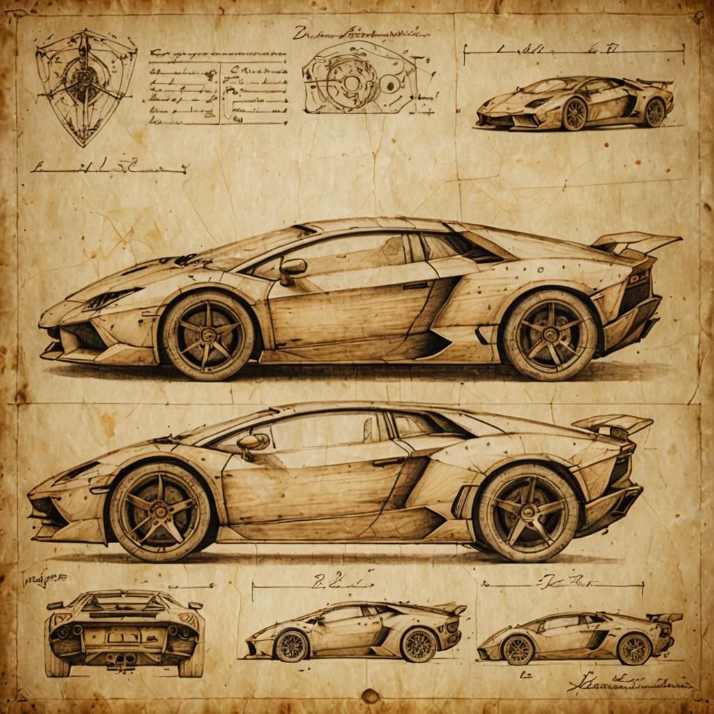 Renaissance-Style Wooden Lamborghini Testarossa Drawing