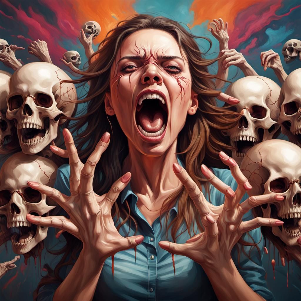 Screaming Woman Surrounded by Skulls in Hyperrealistic Style