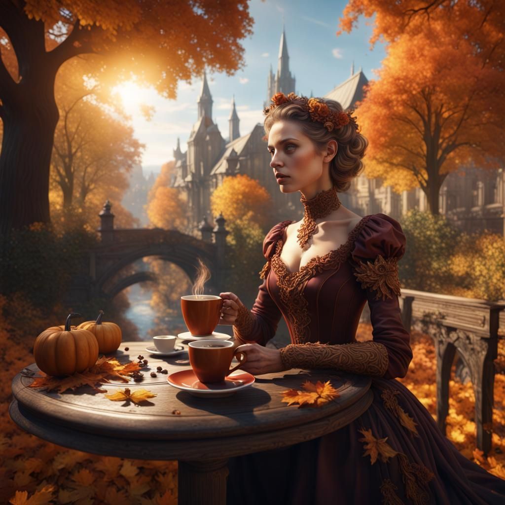 Autumn Coffee: Detailed Matte Painting of an Old Woman