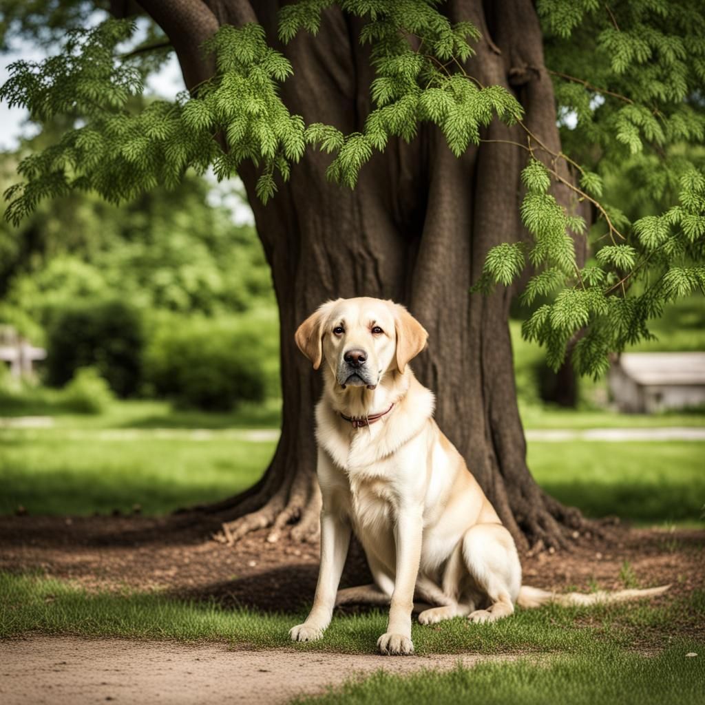 Old Yellow Lab Relaxing Under Elm Tree