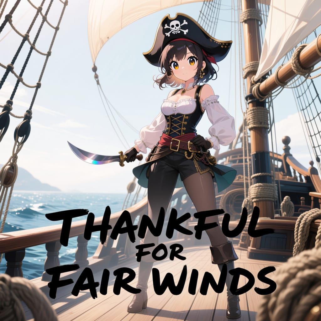 Anime Pirate Woman on Ship Deck in Deep Color Maximalism