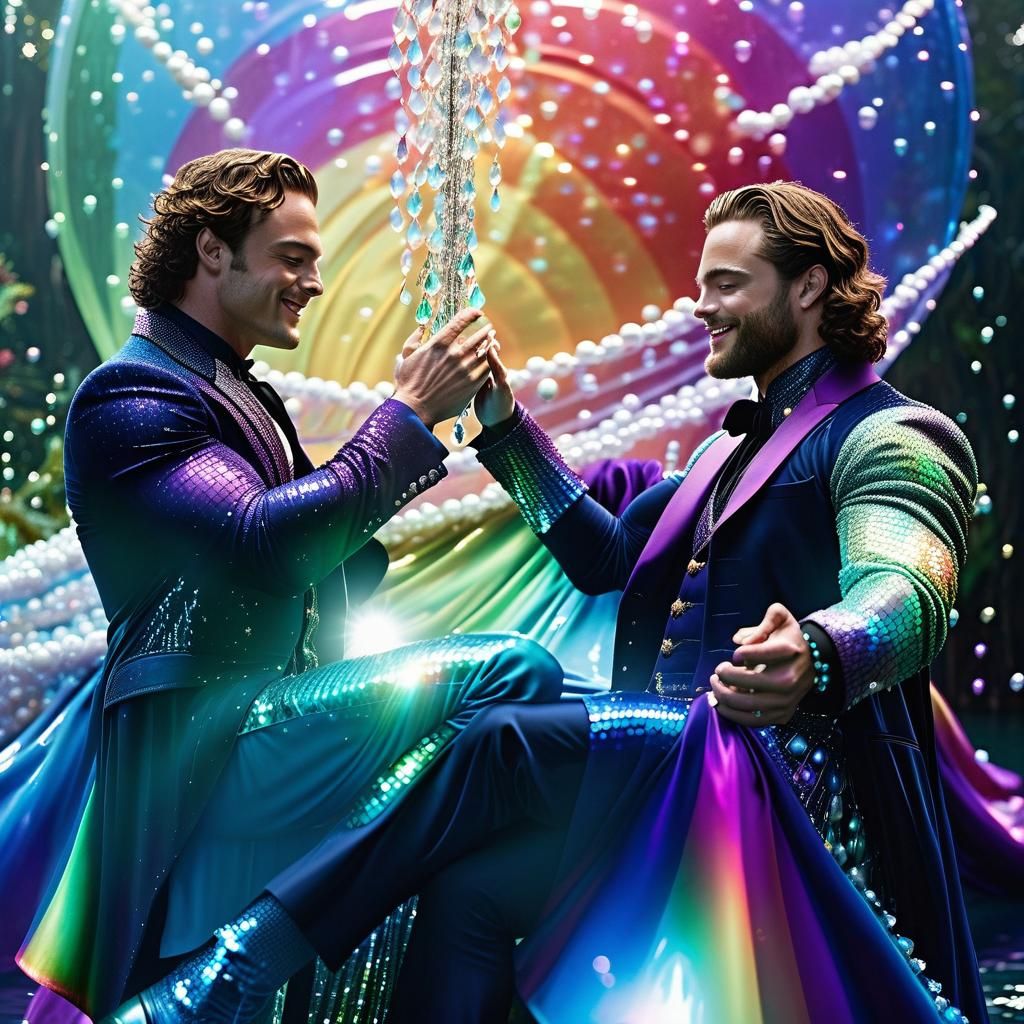 Gay Couple Embrace in Shimmering Iridescent Style