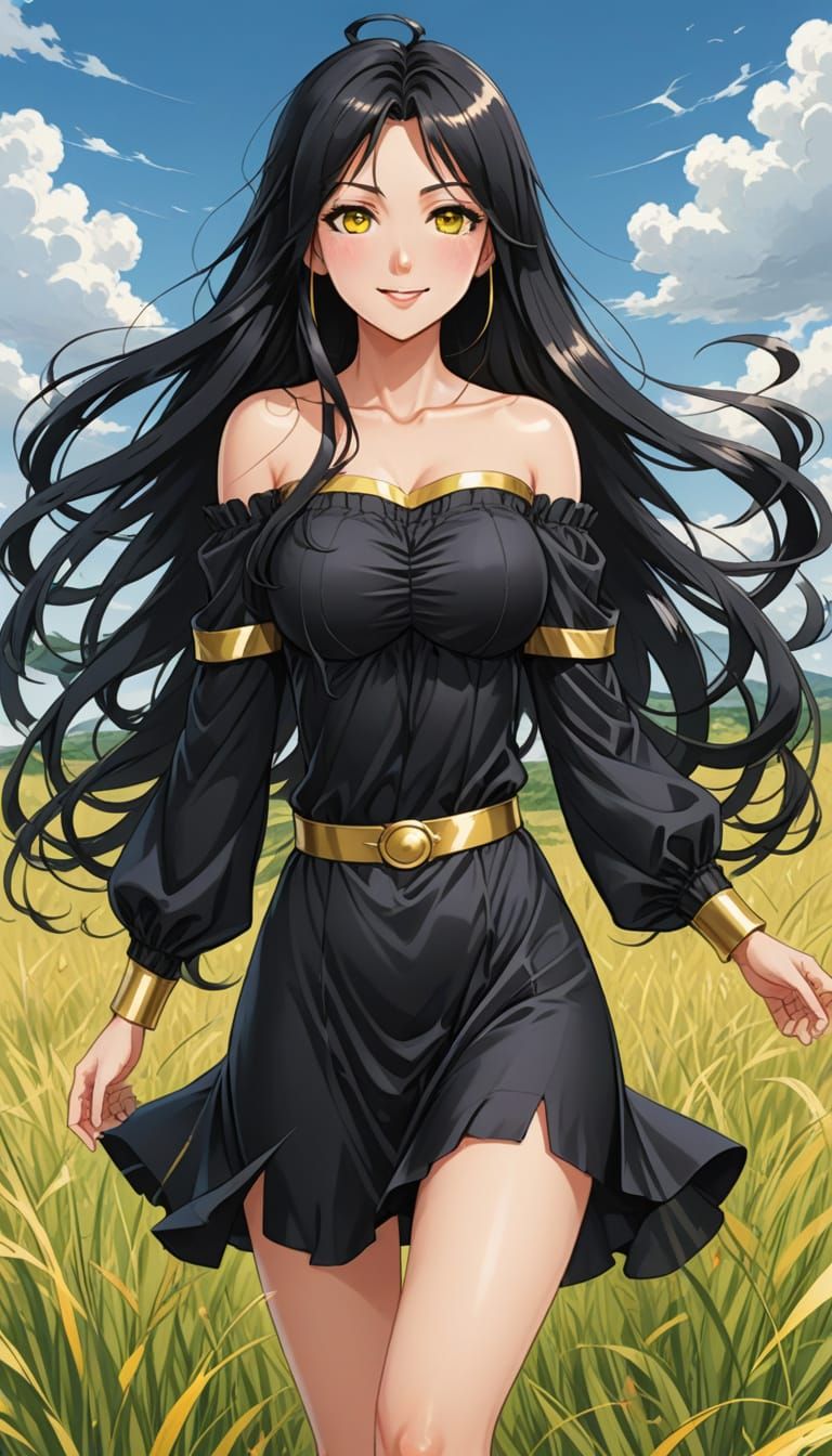 Anime Woman with Flowing Hair in Windy Field
