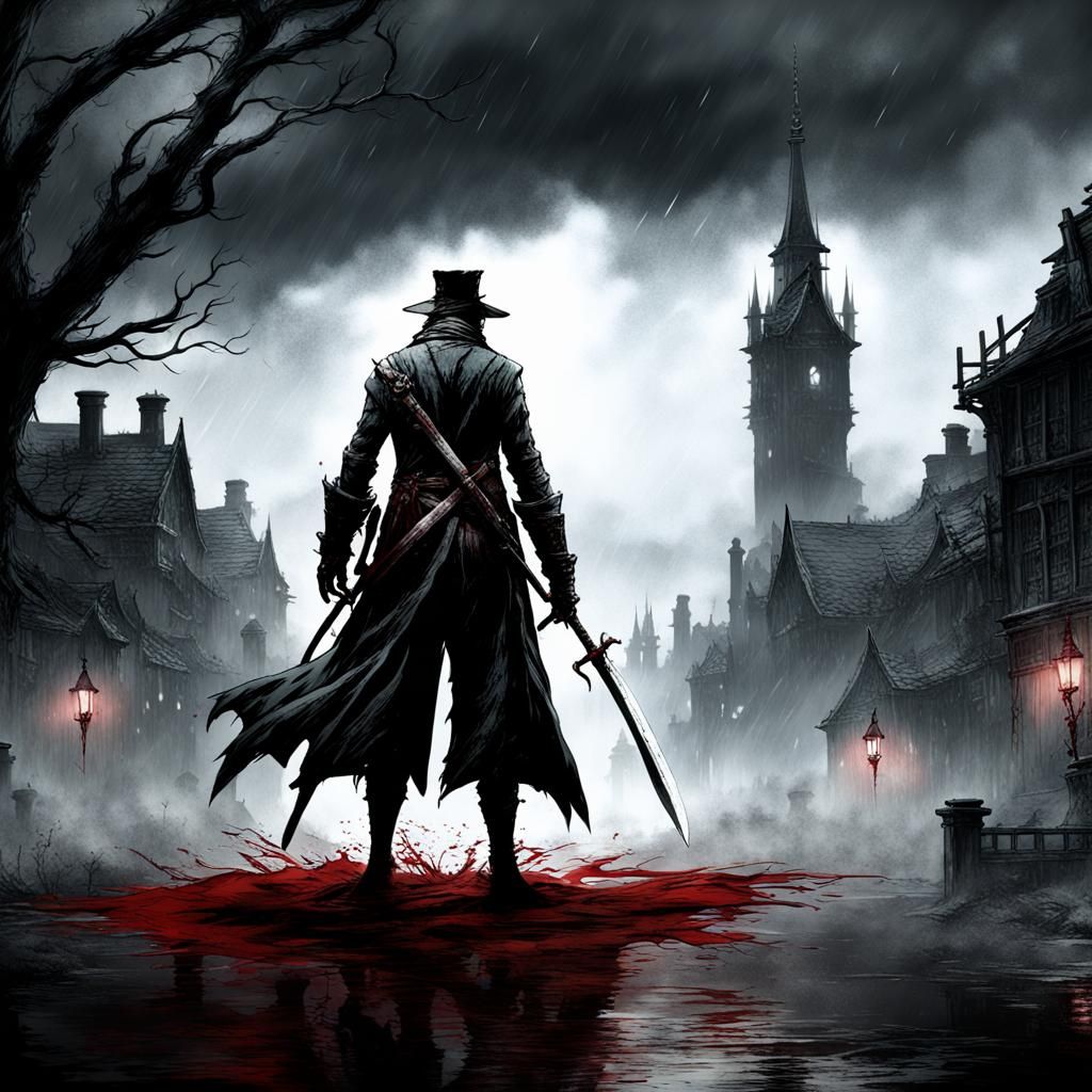 Dark Hunter with Sword in Rainy Bloodborne Scene
