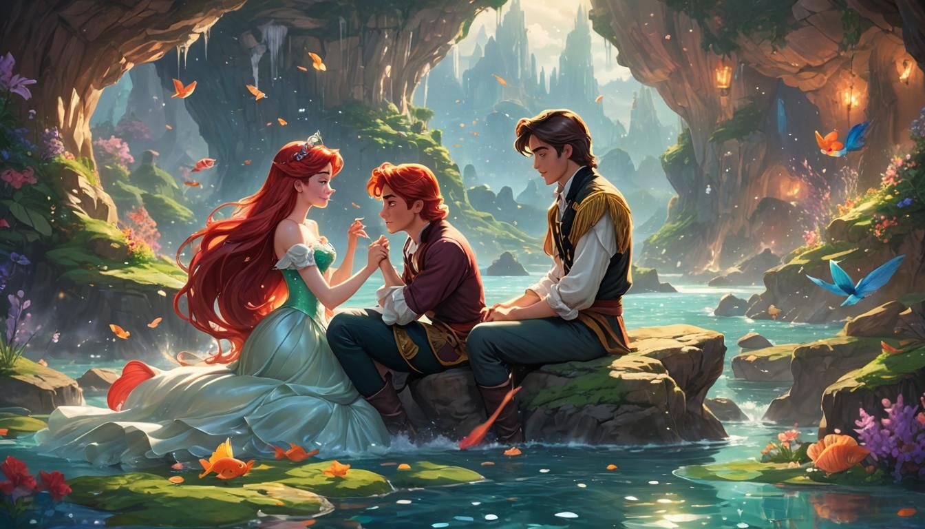 Ariel and Prince Kissing in Cove: Digital Art