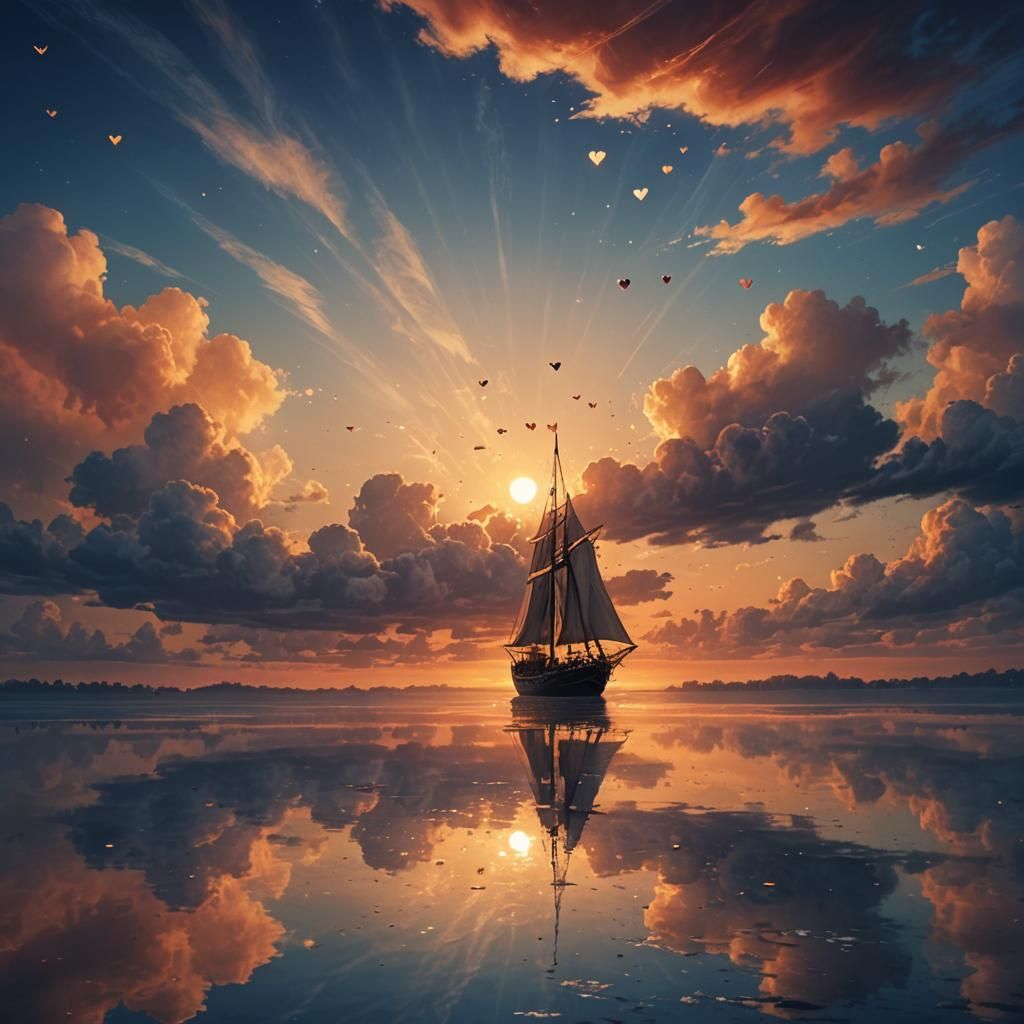 Auburn Skies: Sailing Ship with Heart Reflections