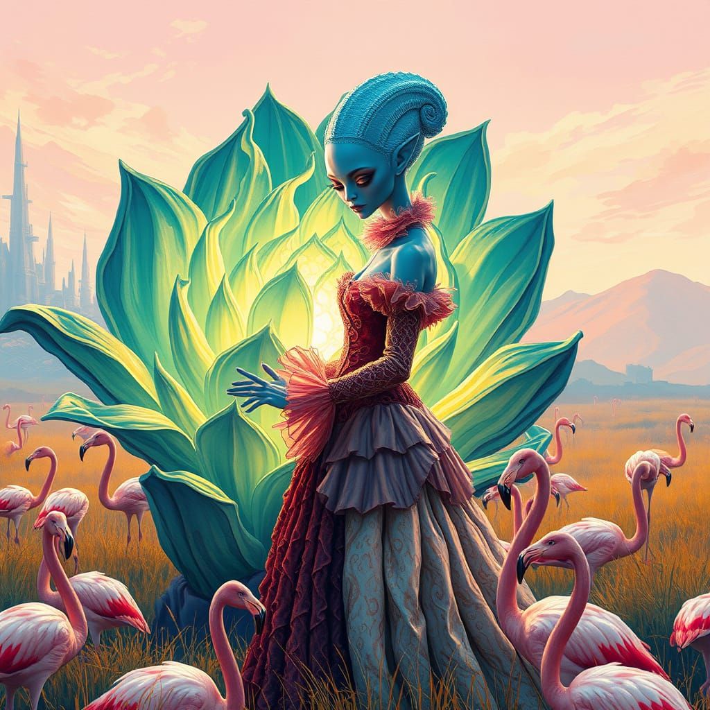 Alien Woman Tends Bioluminescent Plant with Flamingos