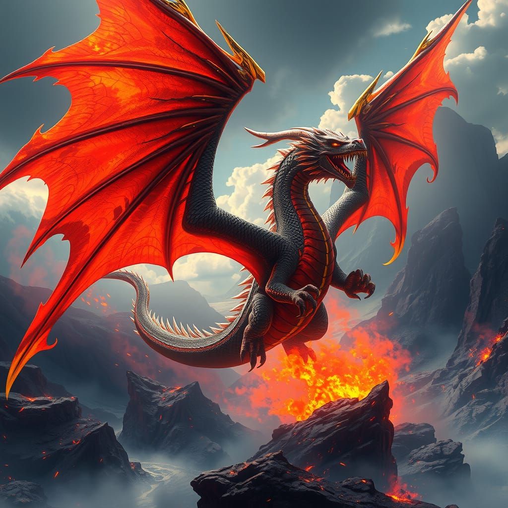 Cyberpunk Fantasy Lava Dragon in Obsidian Scales Soars Throu...