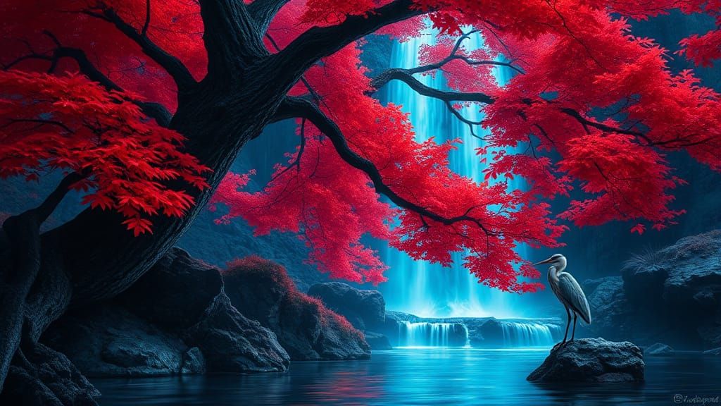 Fantasy Painting: Ancient Tree and Neon Waterfall