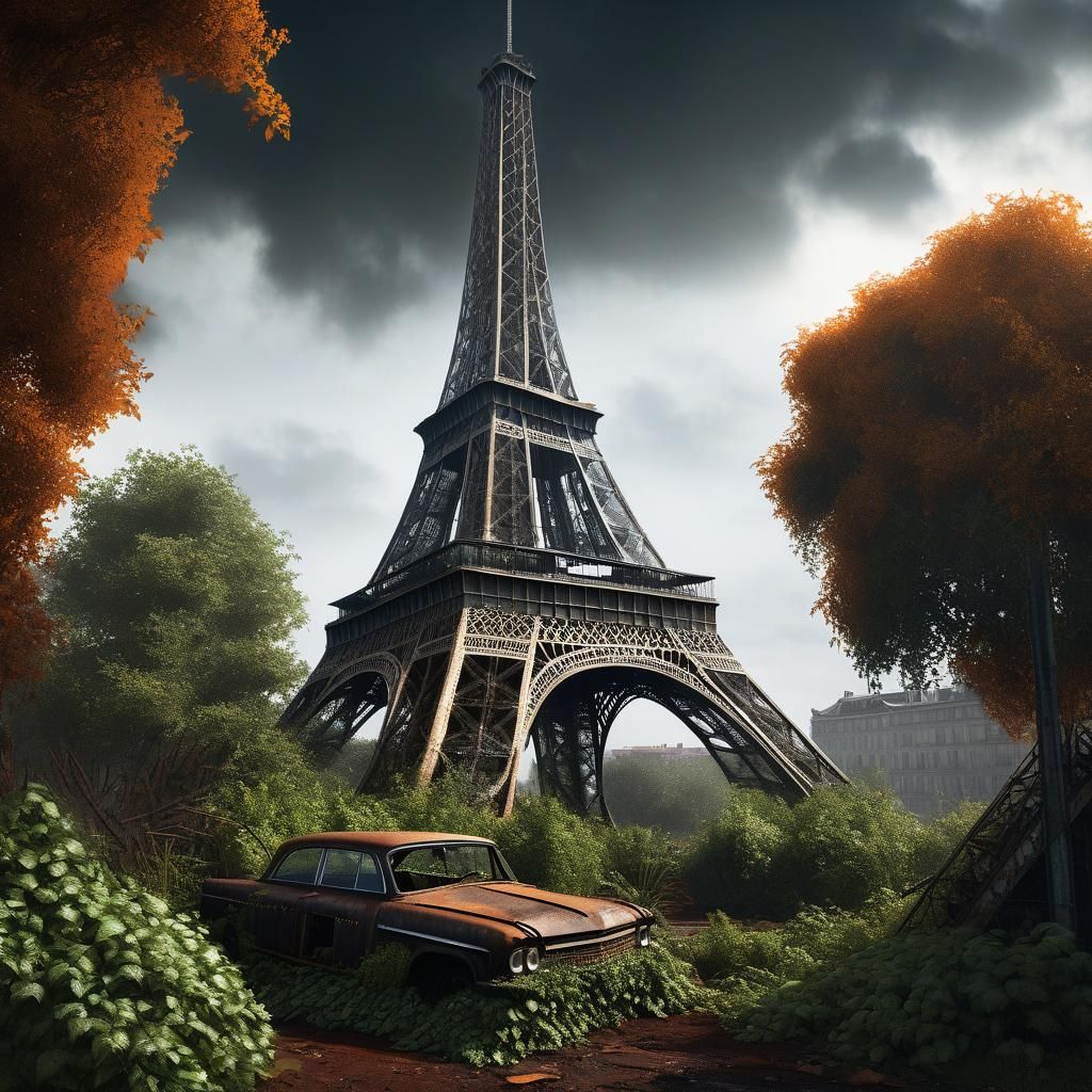 Rusted Eiffel Tower Abandoned in Steampunk Style
