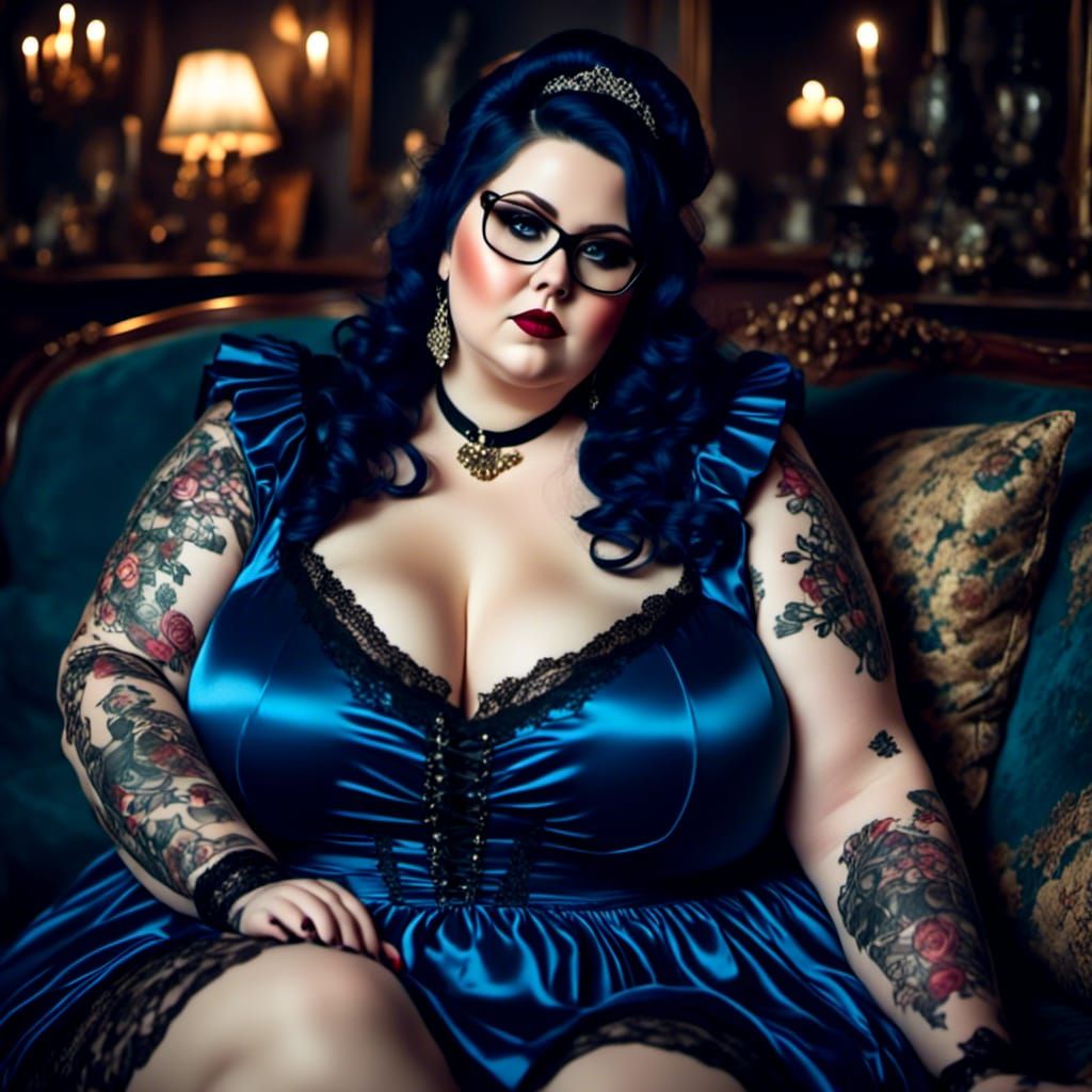 Curvy Woman in Blue Nightdress in Gothic Style