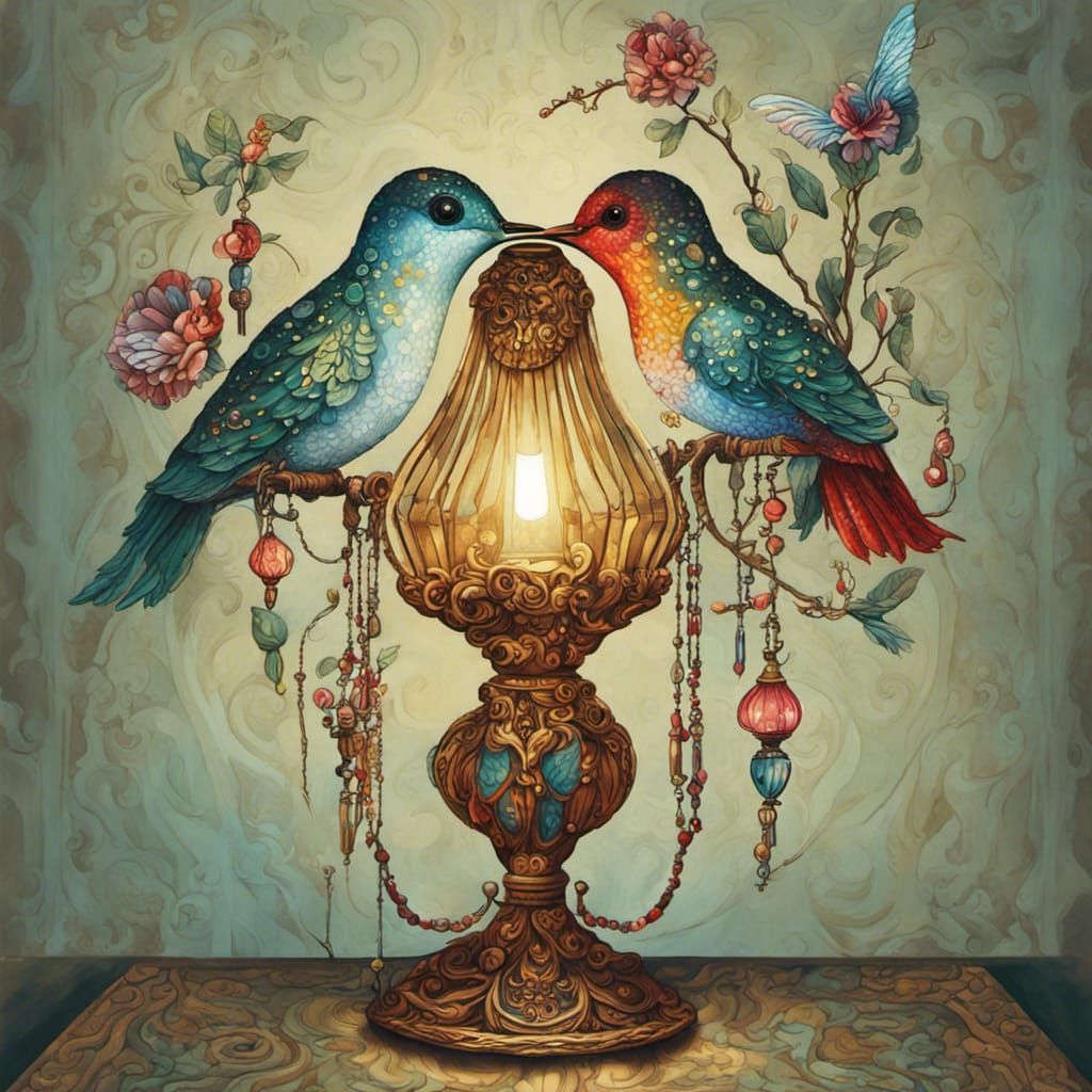 Ornate Hummingbird Lamp in Pop Surrealism Style