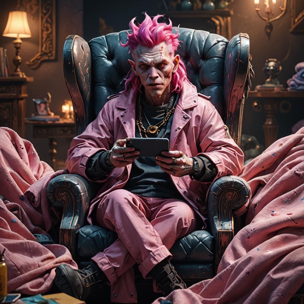 Pink-Haired Monster Relaxing in Chair: Fantasy Art