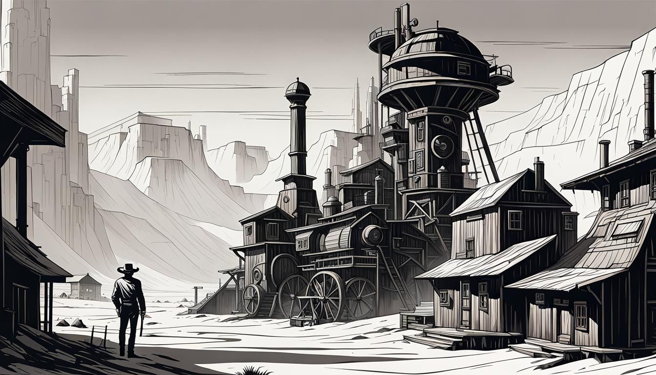 Retro Sci-Fi Cowboy Village: Minimalist Line Art