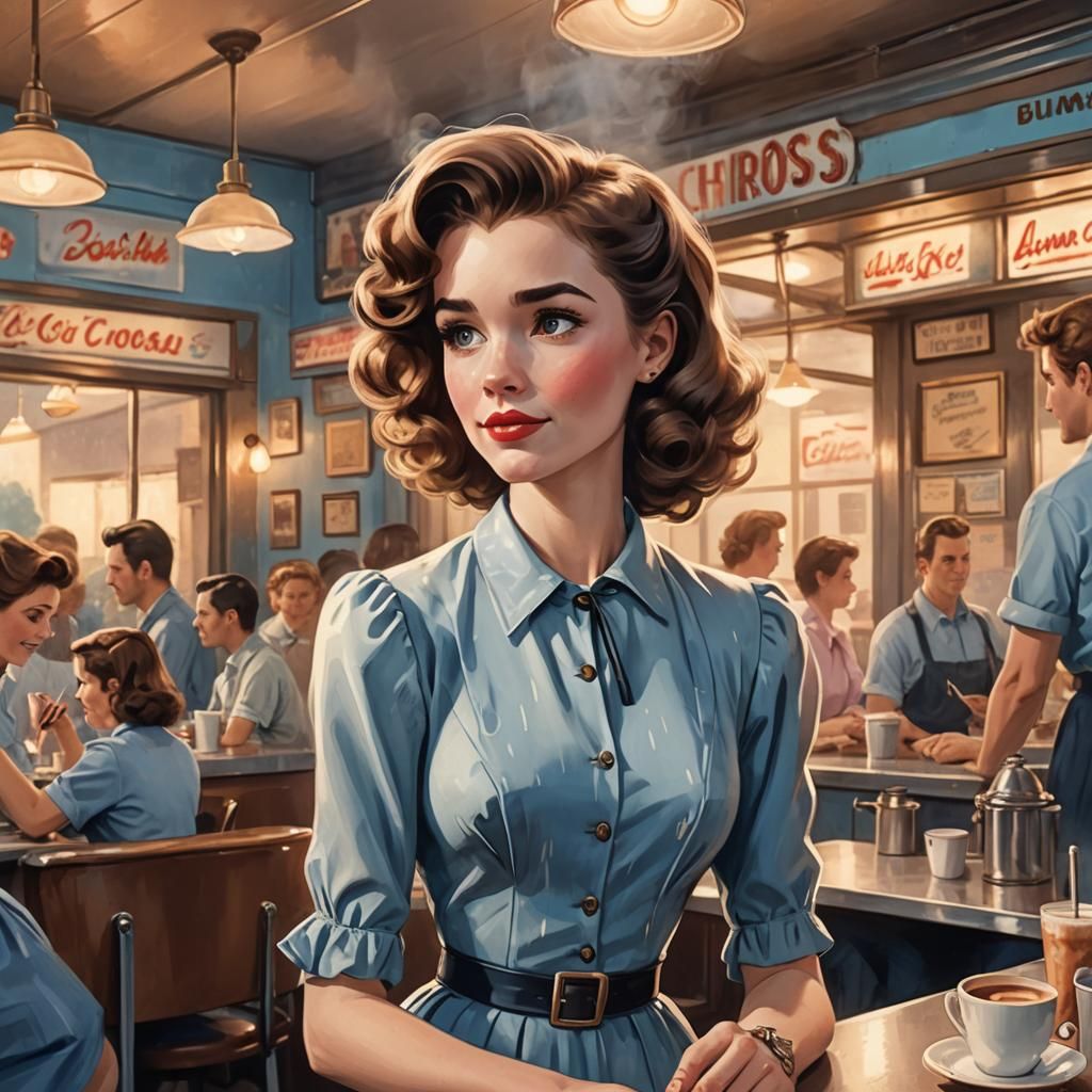 Girl in Diner: Vintage Toon with Pastel Colors