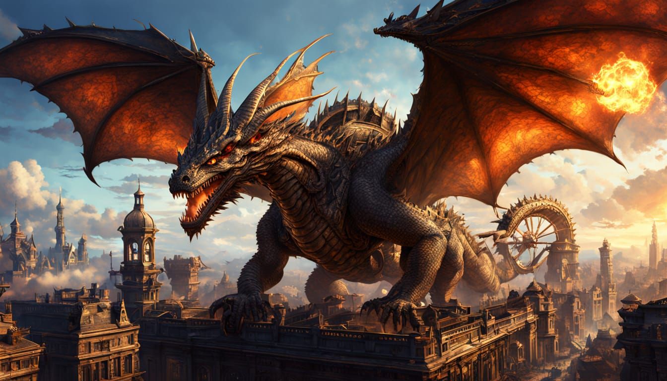 Steampunk Dragon Over Metropolis: Fantasy Concept Art