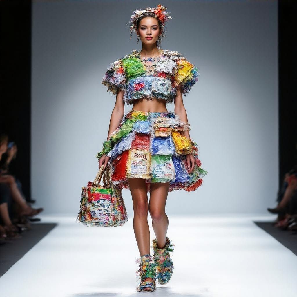 Sustainable Fashion Model in Recycled Materials Outfit