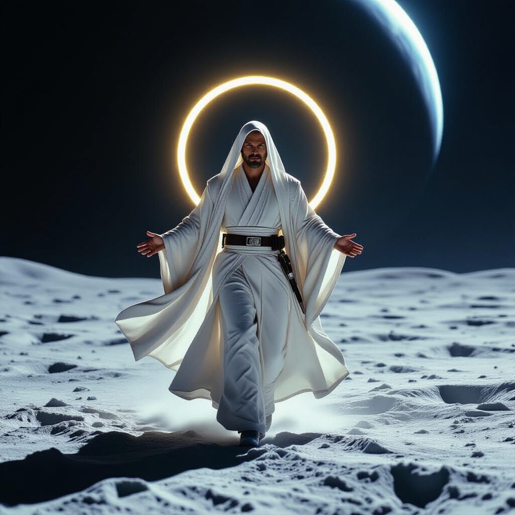 Angelic Jedi Master Flies on Moon as Vintage Film