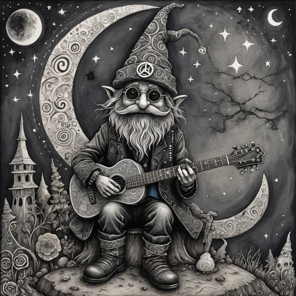 Gothic Hippie Gnome Playing Guitar in Zentangle Style