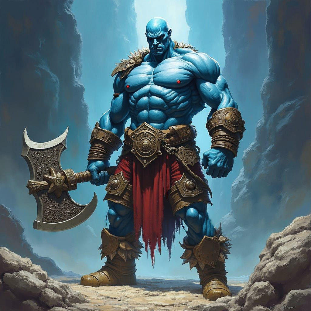 Mighty Goliath Warrior with Vibrant Blue Skin and Ancient Ax...