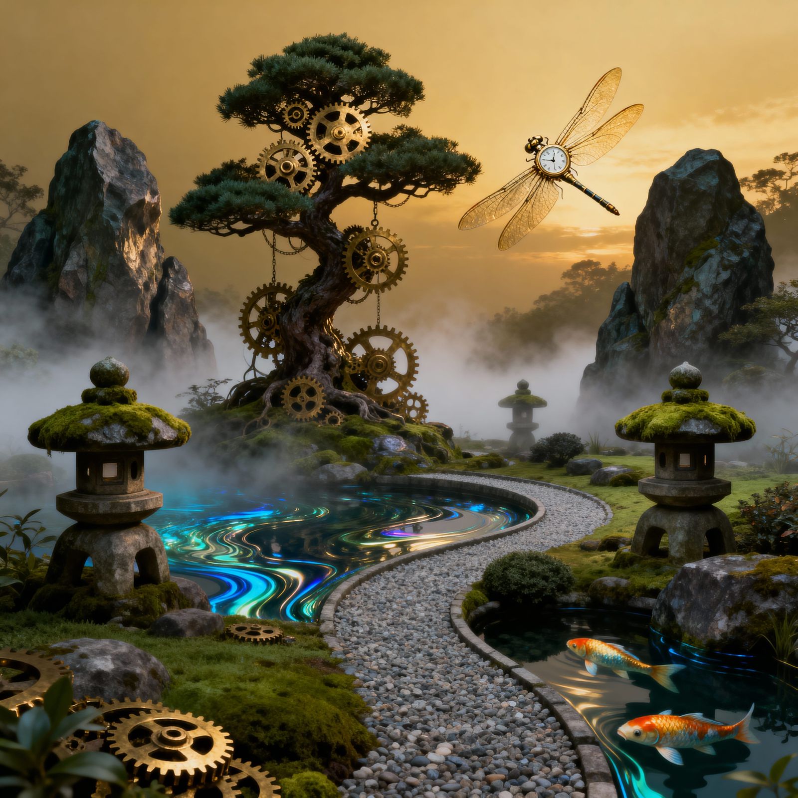 Surreal Zen Garden With Mechanical Bonsai at Dusk