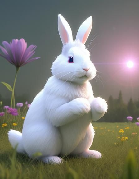 Cuddly White Rabbit in Meadow: 3D Digital Art