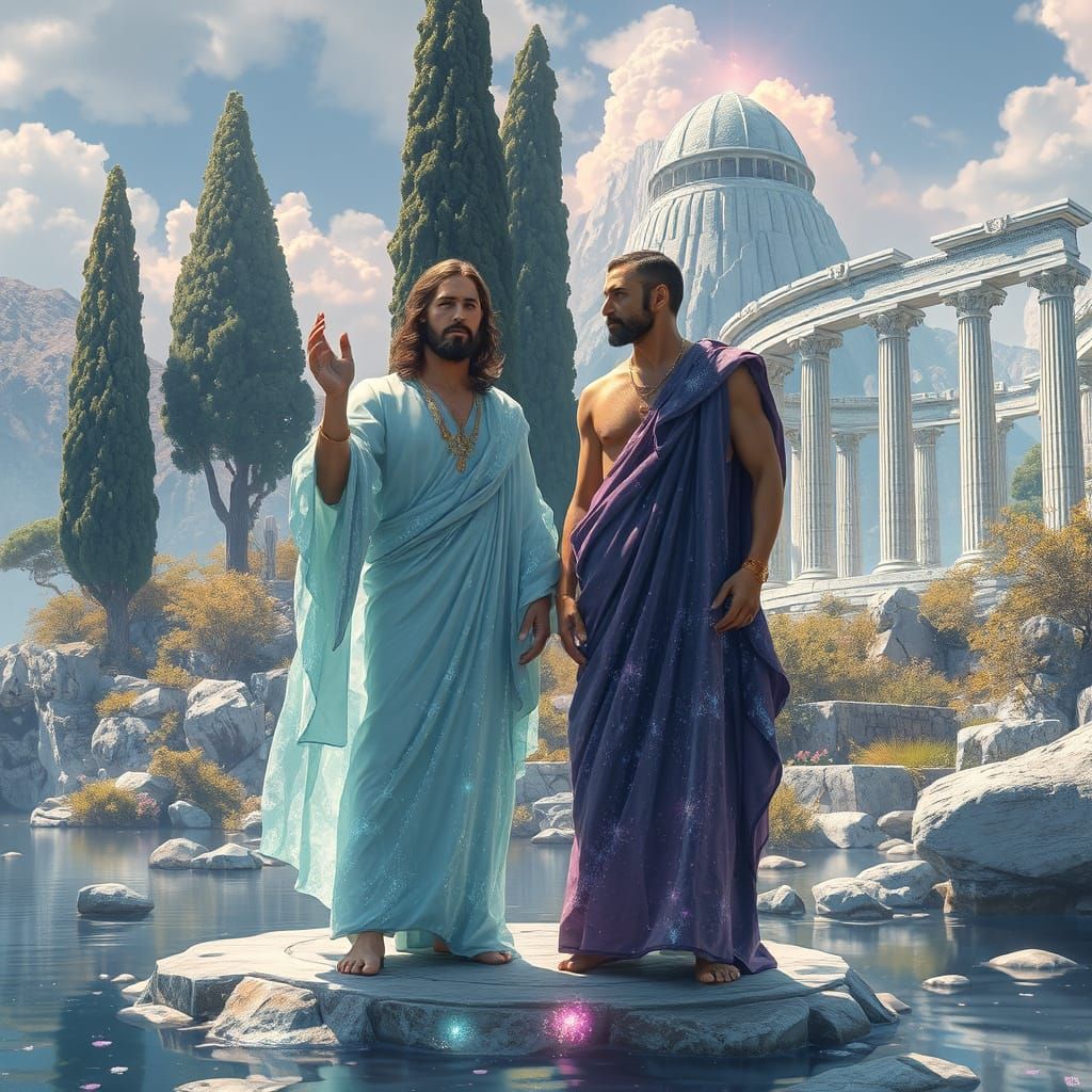 Divine Apostles on Ancient Delos, in Surrealist, Cyberpunk S...